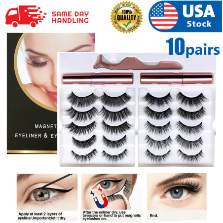 10 Pairs Magnetic Eyelashes Set with Magnet Eyeliner & Tweezer Kit Waterproof