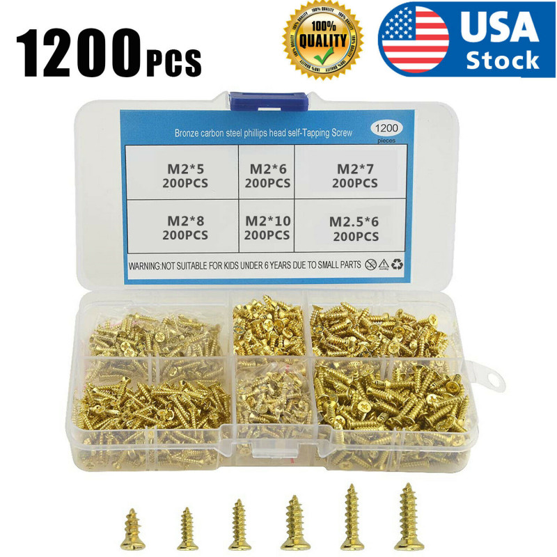 1200pcs M2 Flat Head Self Tapping Screws Countersunk Cross Tapping Screws Set