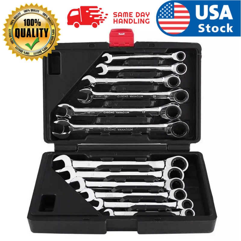 12pc Ratcheting Combination Wrench Set SAE Inch Imperial Metric MM Tool With Box