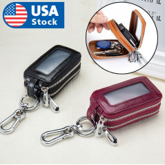 Genuine Leather Car Key Chain Ring Dual Holder Pouch Case Organizer Bag Wallet