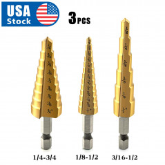 3PCS High Speed Steel HSS Titanium Step Drill Bit Set Quick-change 1/4" Hex Shan