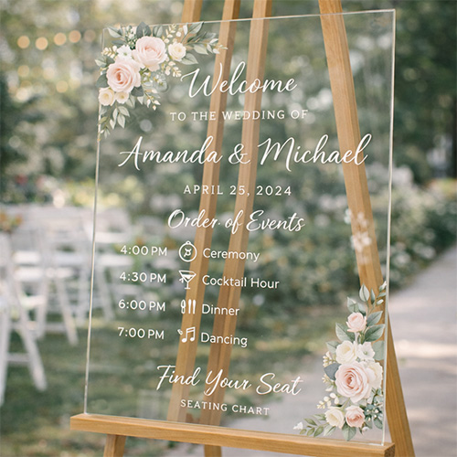 Decorative plexiglass sign for wedding or event